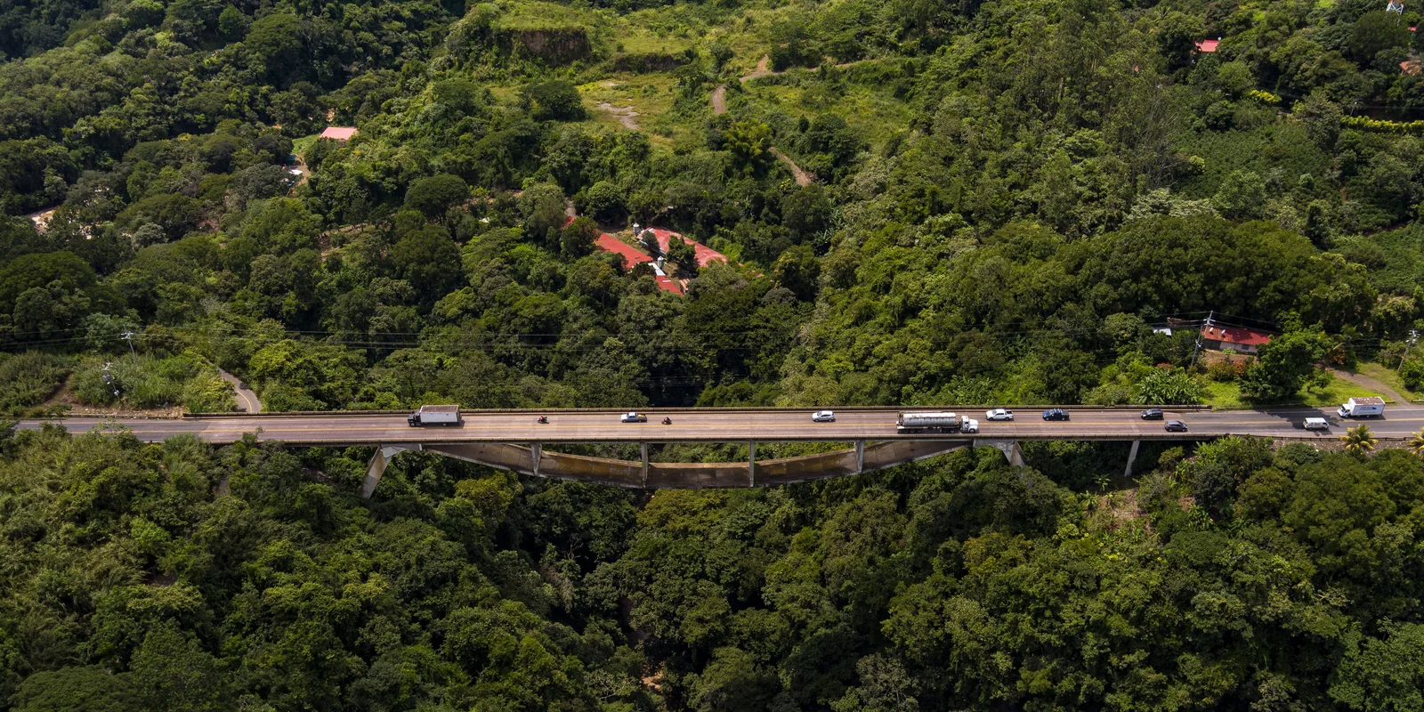 A highway bridge crossing a deep green ravine, with cars and trucks on it
